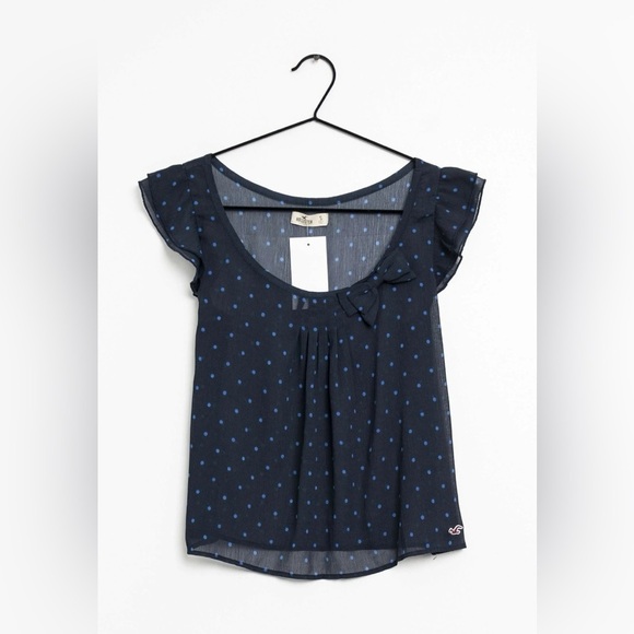 Hollister Navy Blue Sheer Polka Dot Blouse with Bow - Size L - Picture 1 of 11